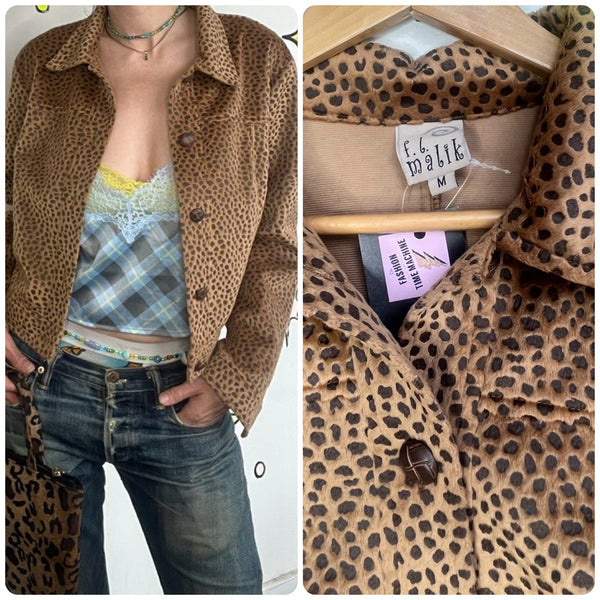 Vintage 90s Y2K Vegan Animal Print Jacket Cropped Grunge Glam Boho - M