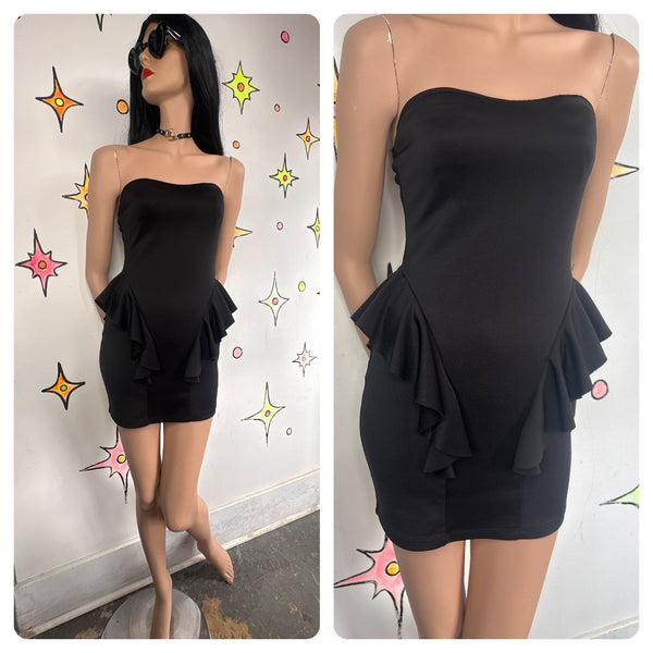 Y2K Black Strapless Peplum Mini Dress | Glam Party Mall Goth LBD - Small