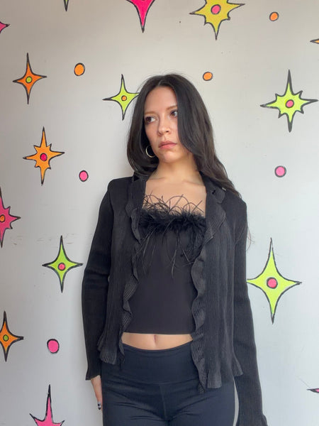 Vintage 90s Black Pleated Goth Blouse Minimalist Dark Academia Grunge Top ML