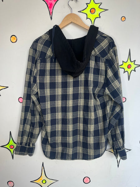Vintage 90s Navy Blue Plaid Hooded Flannel Shirt Grunge Fairy Academia Size L