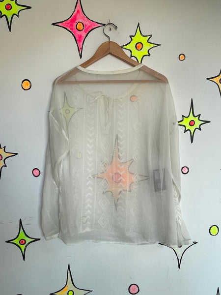 White Sheer Western Boho Embroidered Blouse Top Oversized Layering Piece XL