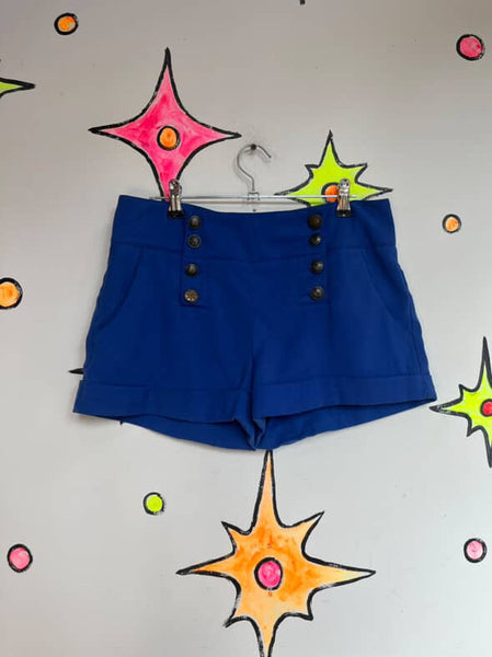 Y2K Blue Sailor Shorts with Gold Buttons – Pirate Core Boho Grunge – Size Small