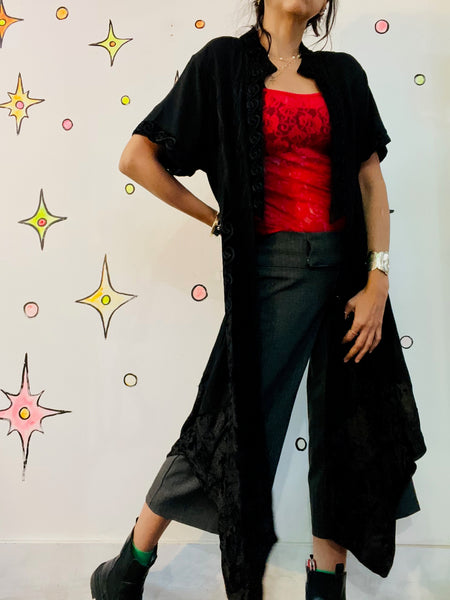 Vintage Black Kimono Jacket Top Duster Whimsy Goth Witchy Boho Grunge - Size L