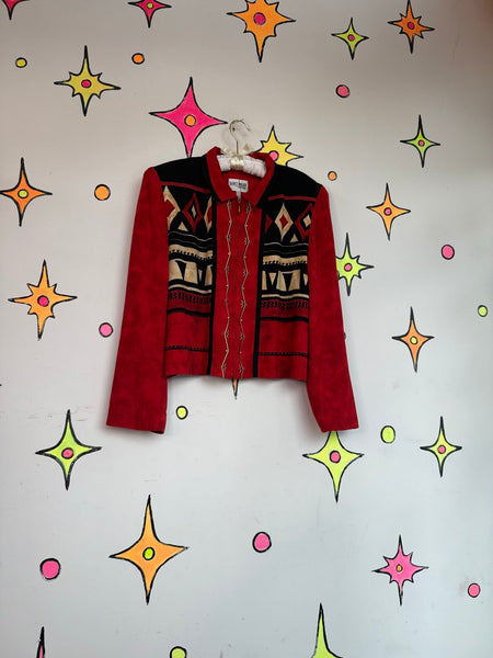 Red Western Blazer 80s Cowboycore Folk Art Jacket Office Siren Glam Statement L