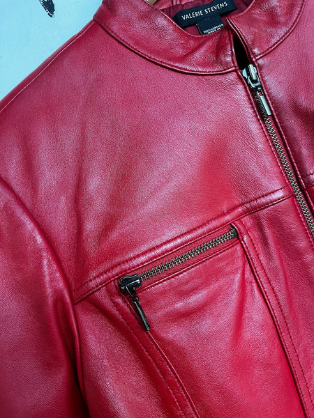 Y2K Cherry Red Leather Jacket - Indie Sleaze Glam Rock Moto Style - Size M