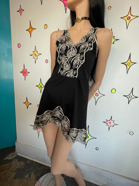 Black Slip Dress w Embroidered Lace – Grunge Lingerie Fairy Goth Party Mini S/M