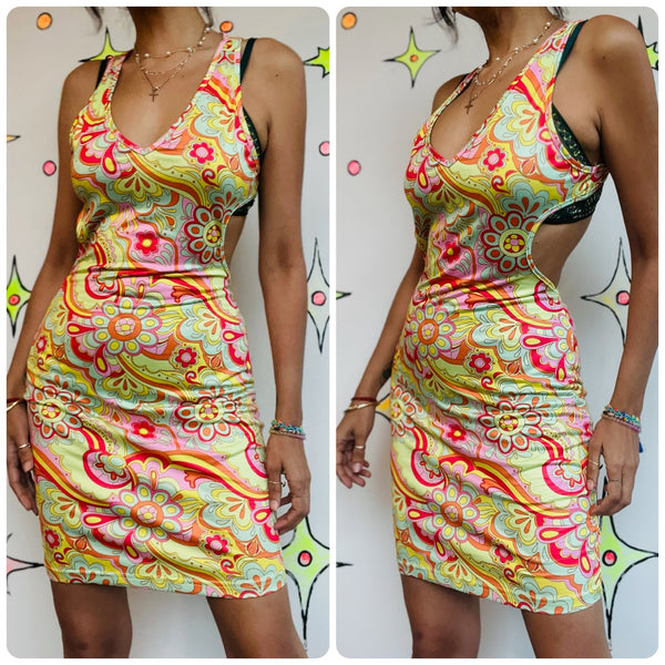Retro 60s 70s Mod GoGo Psychedelic Rainbow Paisley Cutout Mini Dress - M
