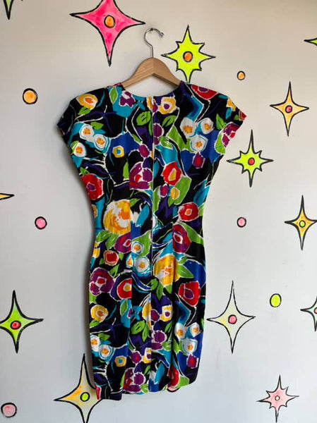 Vintage 80s Rainbow Abstract Art Wear Wrap Dress Boho Grunge w Shoulder Pads 5/6
