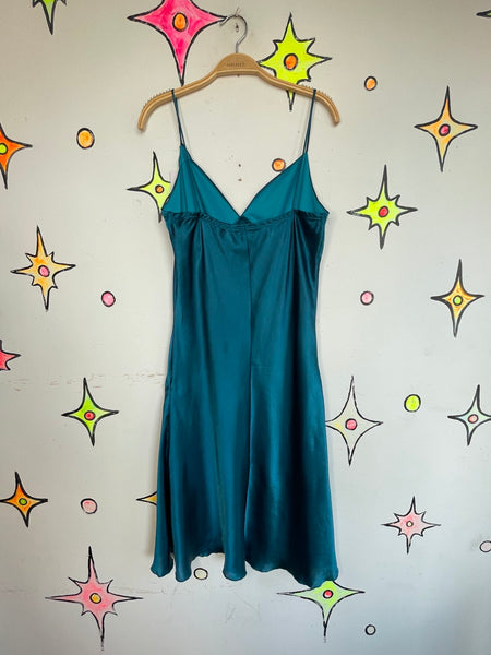 90s Peacock Blue Beaded Slip Dress Mermaidcore Silk-Feel Midi Y2K Grunge Fairy M