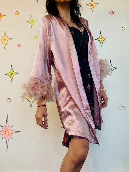 Vintage Pink Satin Feather Trim Boudoir Robe – Old Hollywood Glam Lingerie – M