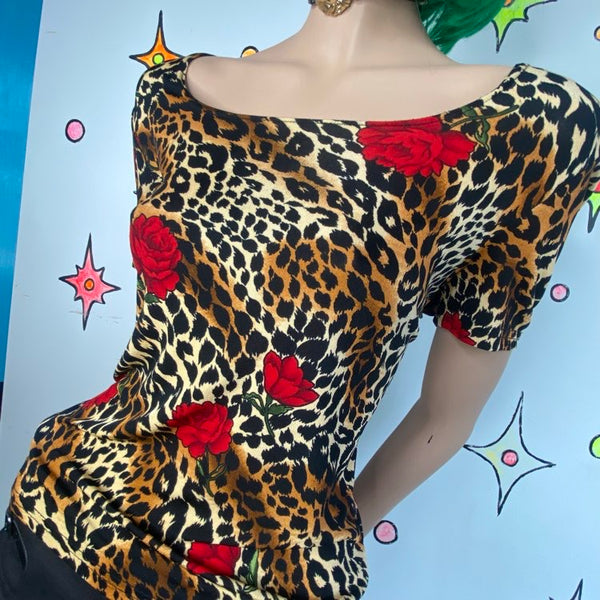 Vintage 90s Leopard & Rose Print Stretchy Square Neck Glam Grunge Top M/L