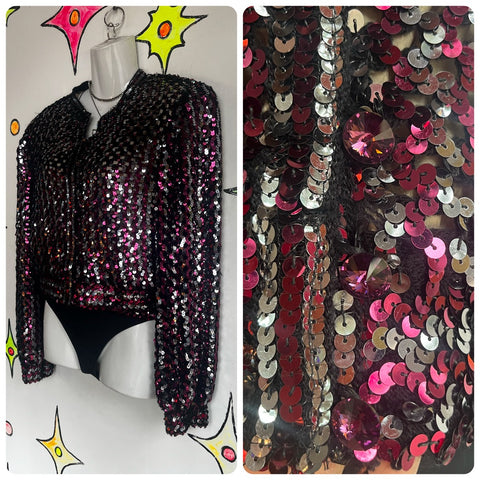 Vintage 70s | Silver Fuchsia Disco Sequin Bomber Jacket | Size M