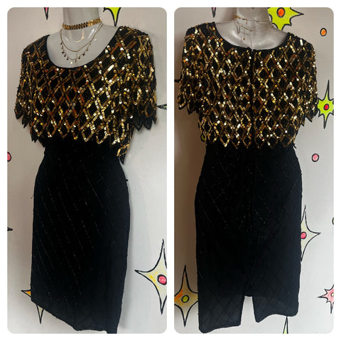 Vintage 80s 90s | Black and Gold Fully Beaded Sequined Party Mini Dress | Size 4