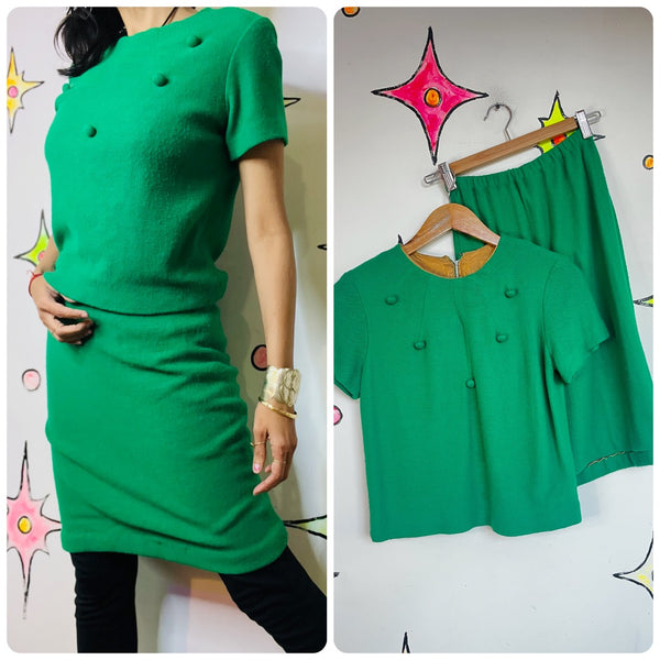 Vintage 60s MOD Green Mini Dress 2-Piece Set – Flight Attendant Secretary - S