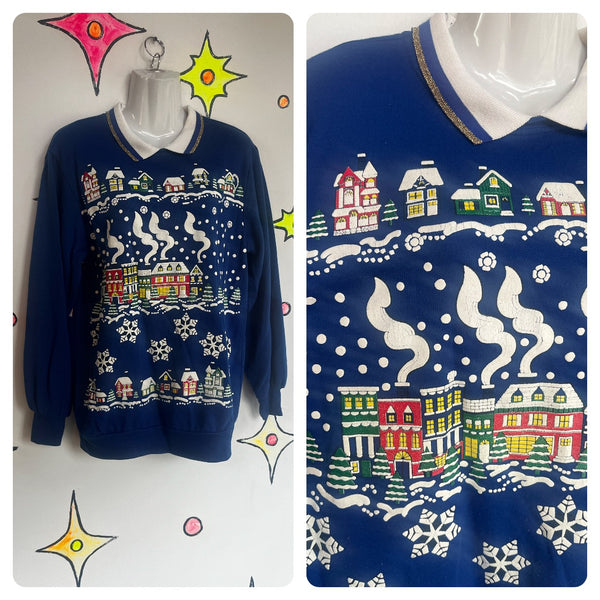 Vintage 80s 90s | Puffy Paint Snowflake Xmas Tacky Ugly Christmas Sweater | S