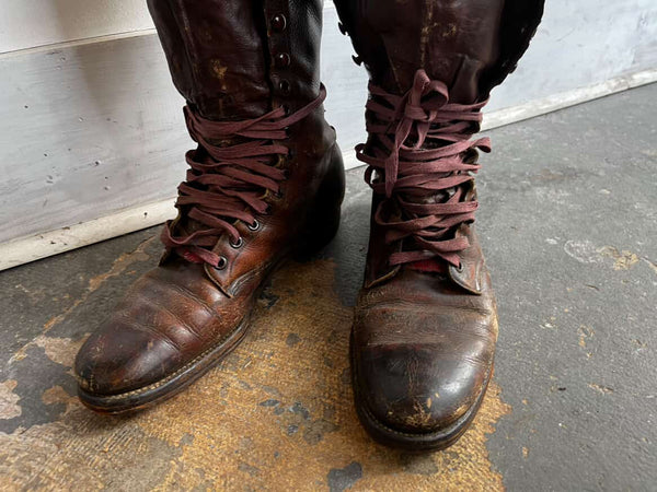 Original WWI Era U.S. Officer's Tall Leather Boots - Vintage Brown Knee-High Men's 12