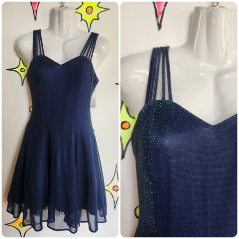 Vintage 90s Y2K | Shiny Sparkle Glitter Navy Mini Slip Dress Cocktail Prom | S