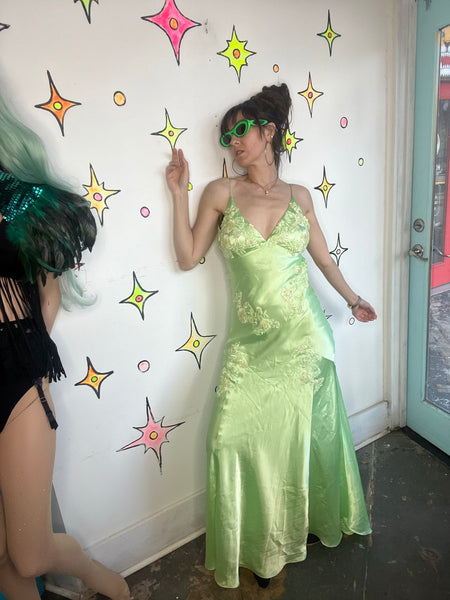 Y2K Pastel Green Satin Beaded Formal Gown Niki Livas Fairycore Prom S