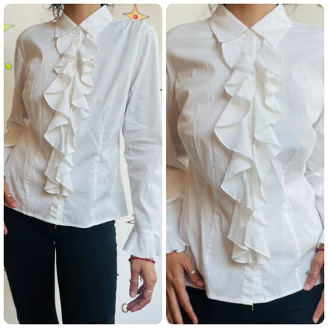 Vintage 90s White Ruffle Neck Pirate Victorian Steampunk Blouse – UK 12