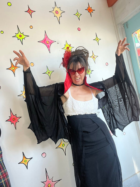 Vampire Cape with Stand Up Red Collar – Black Sheer Bat Sleeves Goth Cosplay XL
