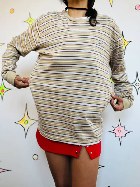 Vintage 90s Brown Striped Long Sleeve Cyber Grunge Shirt Cotton Streetwear Large