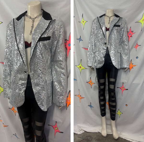 Vintage Silver Sequin Maximalist Smoking Jacket Men's Party Blazer Tuxedo XL