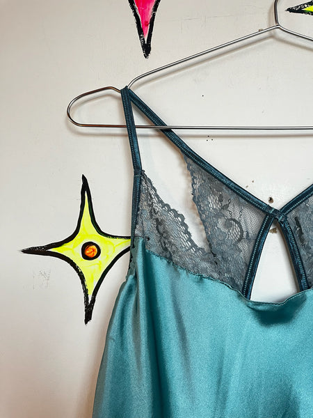 Vintage Pastel Blue Satin Lace Fairy Grunge Victorian Romantic Mini Slip Dress L