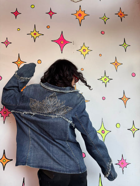 Studded Denim Western Blazer | Frayed Cowgirl Rodeo Jacket Oversized XL