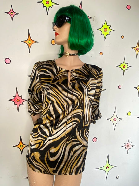 Tiger Print Blouse Balloon Sleeve Tie Neck Animal Print Evan Picone L