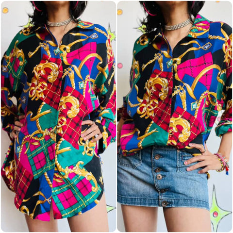 Vintage 90s Boho Silk Scarf Print Oversize Jewel Tone Button up Shirt or Dress L