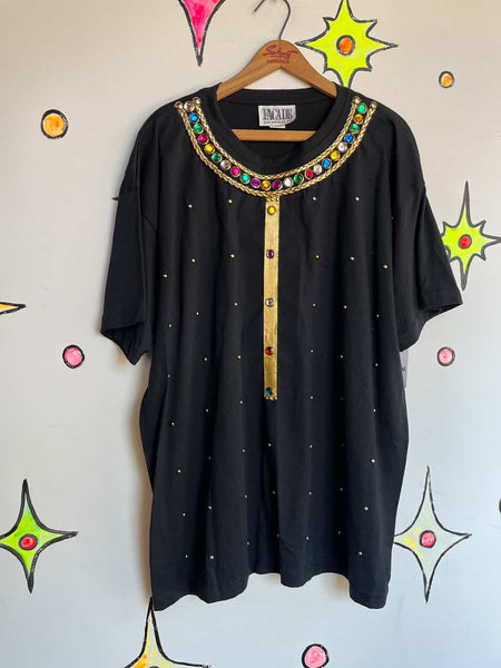 Vintage 1980s | Black Embellished Punk Goth Bedazzled T Shirt | Free Size