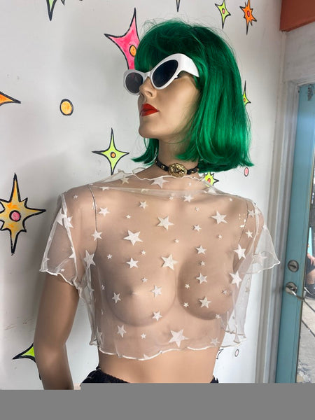 Sheer Star Mesh Mock Neck Crop Layering Top Celestial Cyber Y2K Fairycore M