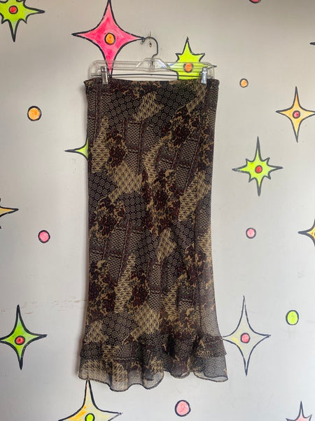Vintage 90s Earth Tone Scarf Print Midi Skirt Floral Ruffle Fairy Grunge Boho - S