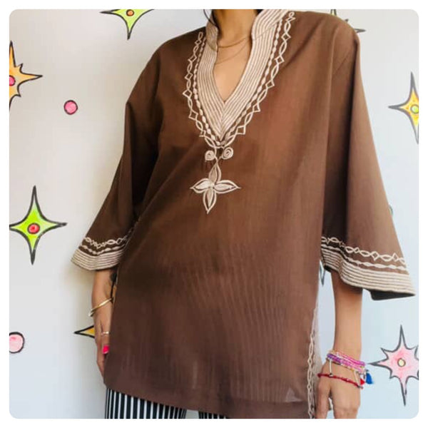 Vintage Brown Boho Embroidered Cotton Blouse - Peasant Style Folk Top - Flowy