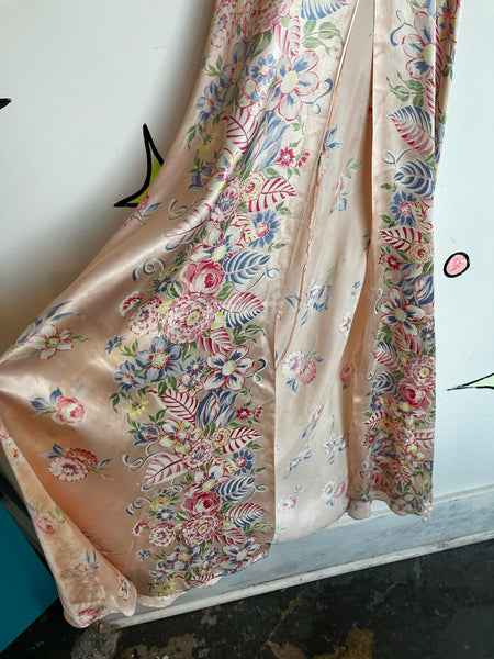 Antique Early 1900s Pink Silk Floral Robe - Rococo Victorian Loungewear - Small