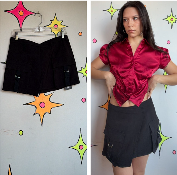 Y2K Black Utility Wrap Micro Mini Skirt | Cargo Goth Indie Sleaze | M