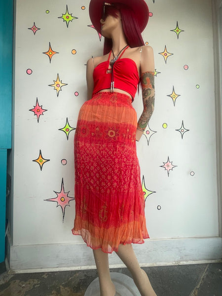 Red Orange Gauzy Paisley Maxi Skirt Flowy Fairy Whimsy Grunge Boho Western M/L