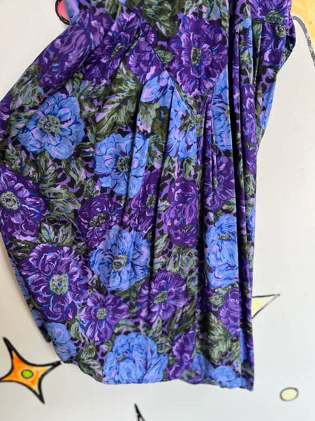 Vintage 1980s Purple Floral Batwing Secretary Dress - Boho Grunge Midi - Small