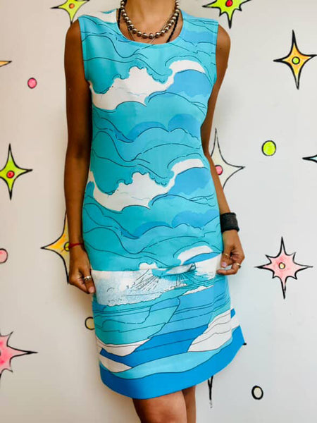 Vintage Groovy 60s 70s Nautical Sailor Art Print 2 Piece Mod Mini Dress Set S M