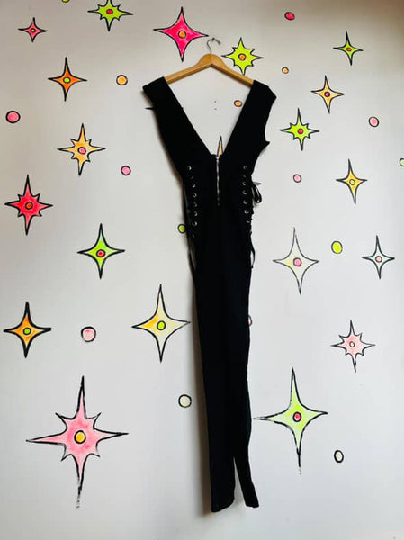 Y2K Black Lace-Up Stretch Catsuit - Fairy Goth Catwoman Layering Piece - S/M
