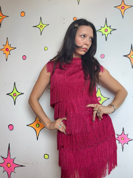 Raspberry Red Fringe Flapper Party Dress Roaring 20s / 60s Go-Go / Western M