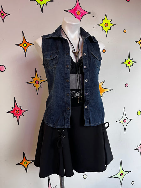 Vintage Y2K Denim Sleeveless Button-Up Indie Sleaze Grunge Biker Vest – S
