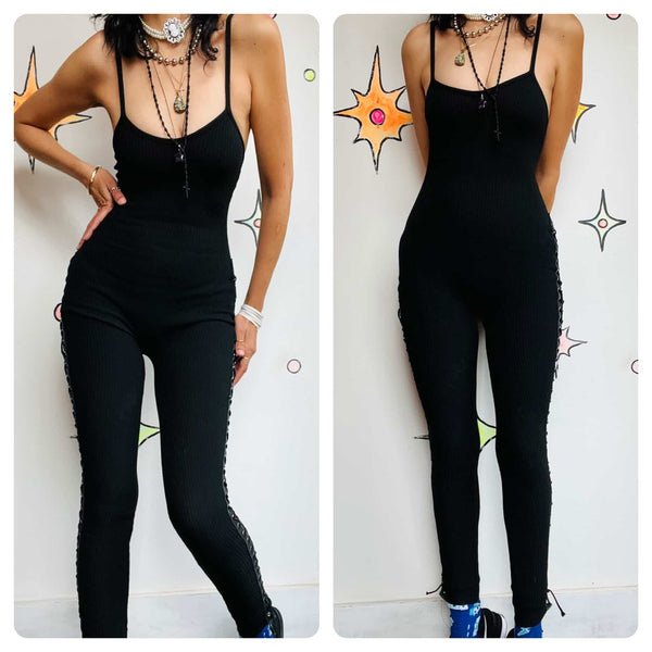 Y2K Black Ribbed Lace Up Cat Woman Stretch Catsuit Fairy Goth Layering Piece SM