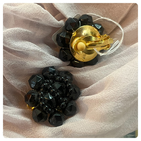 Vintage 50s 60s Witchy Goth Black Clip On Earrings Chunky Sparkly Crystals Beads