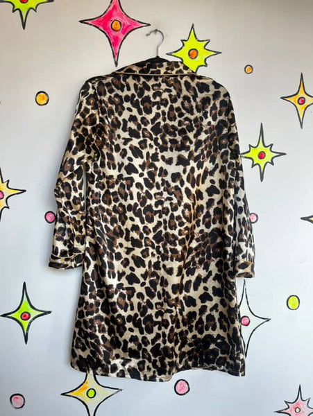 Vintage 90s Sheer Leopard Robe or Mini Dress | Pin-Up Lounge Glam Sleepwear | S