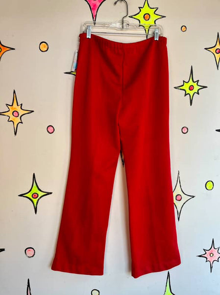 Vintage 70s Cherry Red Disco Bellbottom Pants – Groovy Polyester Wide Leg – M