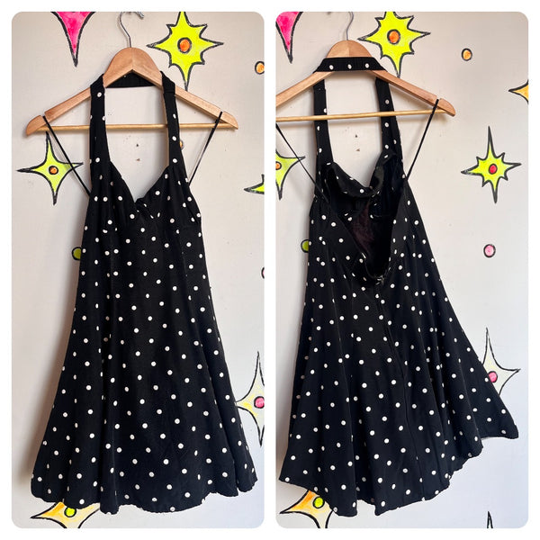 Vintage 80s does 40s 50s Black & White Polka Dot Mini Halter Crinoline Dress 7 8