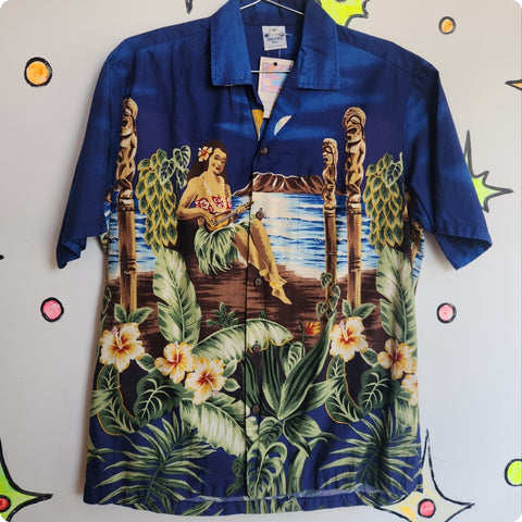 Vintage | Retro Blue Mens Hawaiian Tiki Vacation Shirt | Size M