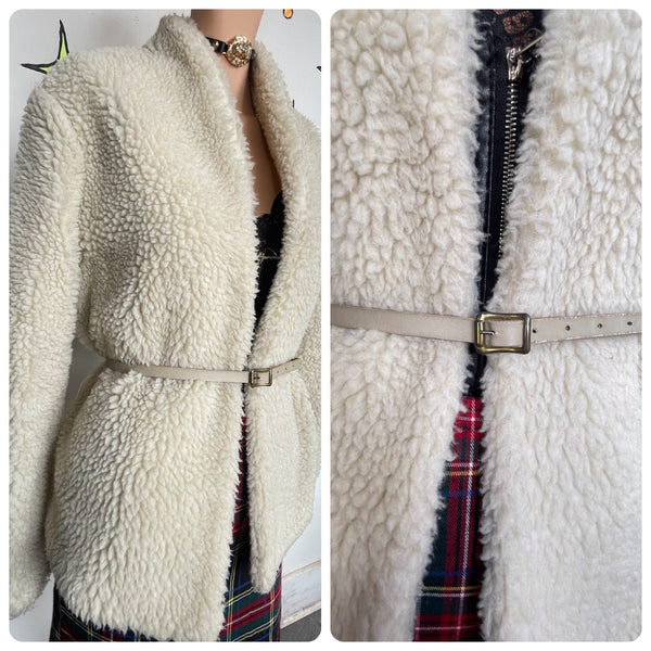 Vintage Off White Sherpa Jacket Cozy Fleece Zip Front Belted Grunge Jacket L