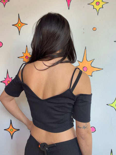 Y2K Black Goth Lace-Up Side Crop Top Emo Punk Grunge Fairy Mall Goth Tee S/M